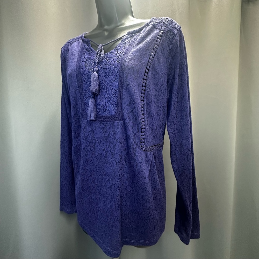🎁5 FOR $50 SALE🎁 Vintage America Lined Purple Lace Blouse with Front Tie Tassels